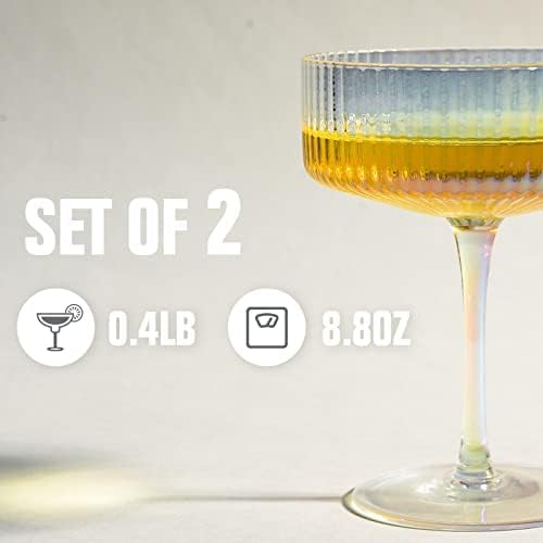 2 Pcs Ribbed Coupe Glasses, 10 oz Vintage Cocktail Coupe Glasses Set, Classic Cocktail Galssware, Bar Drinking Glasses Set Pefect, Wine, Champagne & Gift (Iridescent) - Image 7