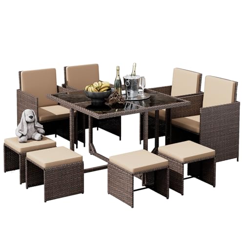 LHBcraft 9 Pieces Patio Dining Furniture Sets, Outdoor Space Saving