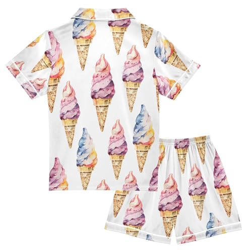ALAZA Watercolor Ice Cream White Pajamas Satin Pajama Set Short Sleeve Button Down Sleepwear2