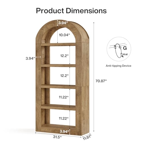 Image of Tribesigns 70.9'' Tall Arched Bookshelf, 5-Tier Open Bookcase Display Shelves Organizer for Living Room, Bedroom, Library, or Office, Natural