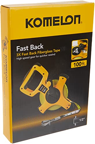 Image of Komelon 8811 Fast Back Open Reel Long Tape Measure with Double Nylon Coated Fiberglass Blade 100-Feet by 1 /2-Inch, Yellow,White