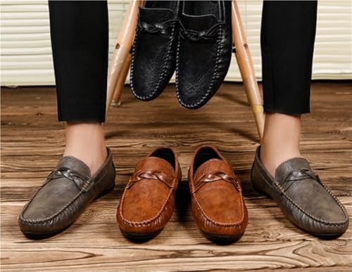 Mens Loafers PU Stitching Details Round Toe Woven Grain Flexible Resistant Lightweight Flat Heel Comfortable Driving Classic Slip On3