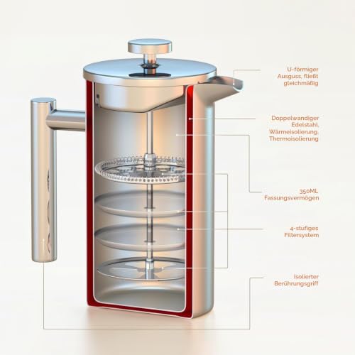 Wrobic Kleine French Press Kaffeebereiter 350ml- Doppelwandig isolierte Edelstahl-Kaffeepresse für Büro… – Ansicht 4