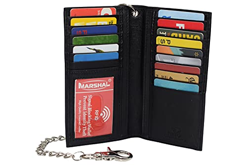 MARSHAL RFID Blocking Chain Wallets for Men Biker Long Bifold Genuine Leather Wallet with Chain (Black with Chain)3