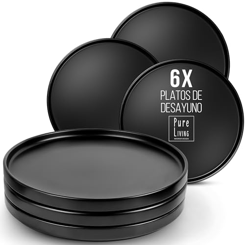 Base de pequeno-almoço pretos mate, 6 unidades de manhattan - conjunto de louça completa para 6 pessoas, de grés premium, adequados para máquina de lavar louça e micro-ondas, elegantes pratos pretos -