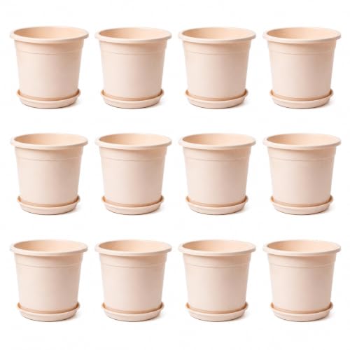 Image of 12 Inch Glossy Plastic Planter with Bottom Plate | Heavy Duty Flower Pot with Tray for Indoor Home Decor, Balcony, Living Room & Outdoor Garden (12 Pot, Blush Pink Sparkle)