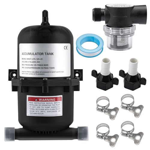 Image of Pre-Pressurized Accumulator Tank, RV Water Pump 0.75L Max 125PSI, 1 /2 MNPT Port Fitting, Flow Control Inner Bladder Reduced Pump Cycling Suitable for RV Travel Trailer Boat Caravan(filter&PTFE tape)