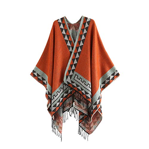 zhbotaolang Femme Longue Grand Cape Poncho - Dames Géométrique à Motif Châle Style Bohème Écharpe Ouvert Devant Cardigan avec Gland Orange Cover