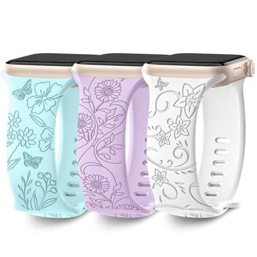 AMSKY 3 Piezas Grabado Floral Compatible con Correa Apple Watch 40mm 44mm 42mm 46mm 41mm 45mm 38mm 49mm Mujer, Correa de Silicona Compatible con iWatch Series 11 10 9 8 7 6 5 4, SE 3 2 1