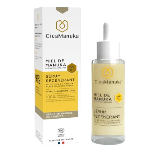 CICAMANUKA – Sérum visage régénérant 5% de miel de Manuka IAA15+ et acide hyaluronique – Hydrate, Redensifie, Lisse – Peaux en manque de fermeté, sèches et sensibles - Flacon 30ml
