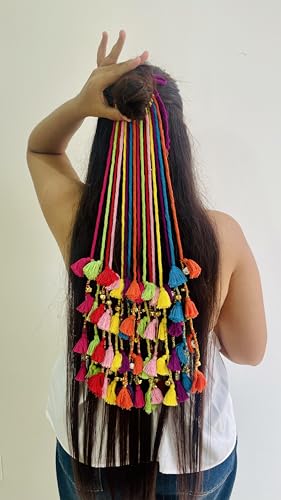 Image of Zippy Flora Boho Handmade Colorful Hair Strings for Navratri | Ethnic Look Bohemian Styling Hair Accessories for Women & Girls | Multicolor Braided Hairband, Thread Hair Extensions for Festive Hairstyles (Phuljhadi String, Multi Bright Colors)