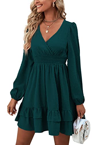 Rooscier Mini-jurk voor dames, V-hals, ruches, lange mouwen, Donker Groen, XS