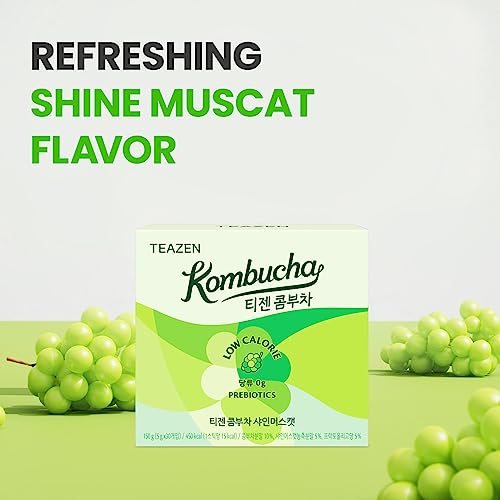 TEAZEN Shine Muscat Kombucha Powder, Electrolyte & Hydration Drink Mix, Sugar Free, Live Probiotics & Prebiotics, On-the-Go 30 Packets, 5.29oz