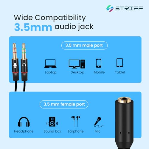 Image of STRIFF TwinAudio 3.5mm Headphone Splitter for Computer 2 Male to 1 Female | Gold-Plated TRRS Audio Adapter | Supports Mic + Audio | Universal AUX Splitter for Mobile, Laptop, Tablet & PC - Black