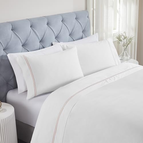 SUPERIOR Embroidered Cotton Bed Sheet Set, 1 Elastic Deep Pocket Fitted Sheet, 1 Flat Sheet, 2 Pillowcases, Daily Sheets, Two-Line Design, Fieldstone Collection, California King Size, White/Gold