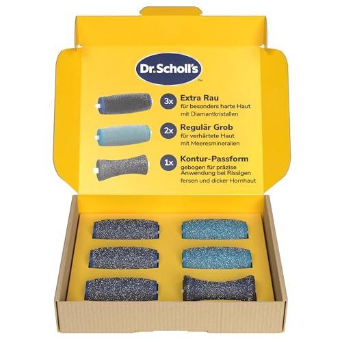 Dr. Scholl’s Ersatzrollen für elektronische Hornhautentferner – Entfernt starke Hornhaut, 3x Extra Stark, 2x Regular, 1x Konturaufsatz, Abwaschbar, mit Diamantkristallen & Meeresmineralien