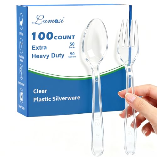 Image of Lamosi 100 Count Extra Heavy Duty Clear Plastic Forks and Spoons | Disposable Plastic Silverware BPA-Free, Heat Resistant for Wedding Party Supplies, 50 Forks, 50 Spoons