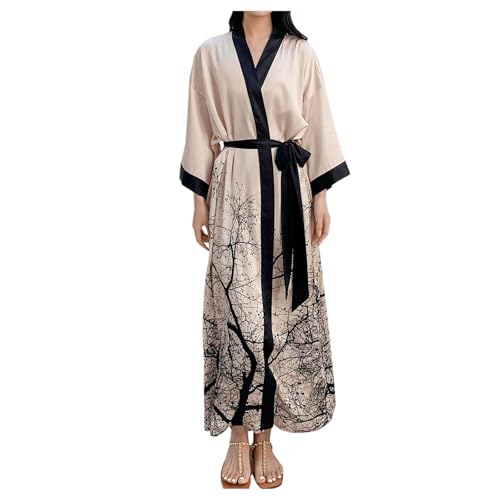Generisch Kimono de seda de lujo de satén con estampado floral para mujer, sensación fresca, manga 3/4, bata de baño, bata de noche cálida, beige, Talla única