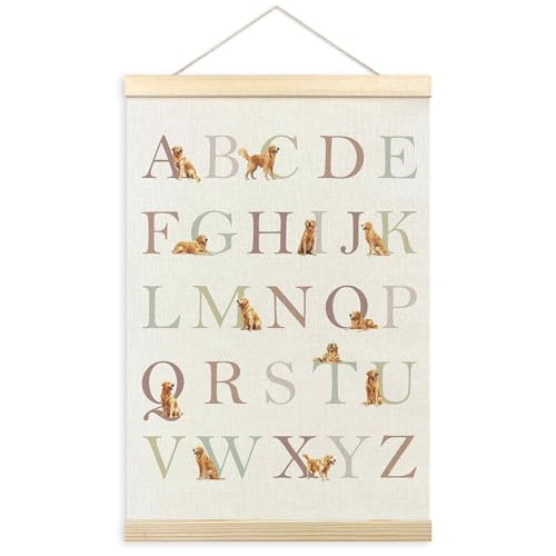 Image of TLESKE Golden Retriever Alphabet ABC Chart Poster Hanger Frame, Homeschool Preschool Hanging Wall Art Decor for Golden Retriever Lover Kid Room Nursery Playroom, Dog ABC Picture 16x24