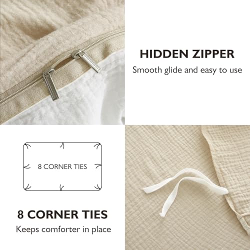 Image of EMME Cotton Muslin Duvet Cover Set King Size Linen Like Soft Breathable Lightweight Summer Comforter Cover Set with Zipper Closure (Light Tan&White, King, 104 inchx90 inch)