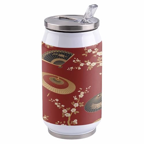 コーラカップ 和風 桜 金色 花 傘 赤バック タンブラー ストローカップ 蓋付き ステンレス 魔法瓶 水筒 ボトル 車用 自宅用 携帯便利 直飲み 真空 保冷 保温 漏れ防止 通勤 贈り物 300ml