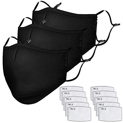 3 PACK Face Cover Washable Reusable Cotton Masks with 10PCS Filters for Adults Women and Men Black