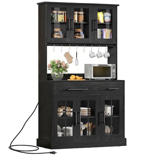 DWVO Kitchen Pantry Storage Cabinet with Microwave Stand, 71\'\' Tall Kitchen Hutch Cabinets with Power Outlet, Modern Food Pantry Hutch with Drawers & Shelves for Home, Pack of 1, Black