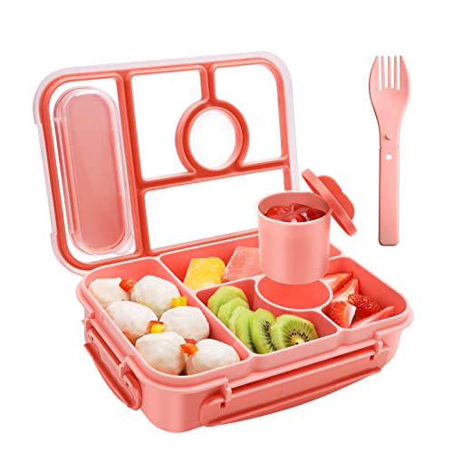 Amathley Bento Box Adult Lunch Box Kids,Lunch Containers for Adults/Kids/Toddler,5 Compartments Bento Lunch Box for Kids with Sauce Vontainers,Microwave & Dishwasher & Freezer Safe,BPA-Free(Pink)