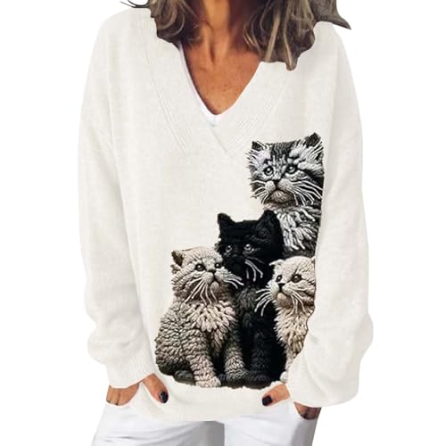 Photo de Tunique Femme Longue Hiver Vetement Hiver Femme Cat Sweaters for Women Oversized Sweater V Neck Cut Cat Pull en Laine Haut Chic Et Elegant White XXL