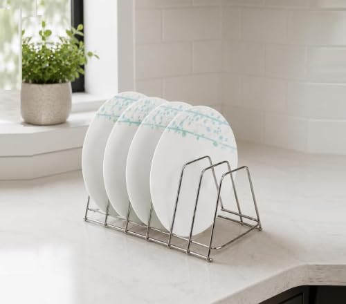 NH10 DESIGNS Steeliness Steel Dish Rack Plate Stand For 6 Layer Table Stand, Plates Holder Kitchen, Kitchen Rack, Stainless (Pack Of One, Nhspcountert