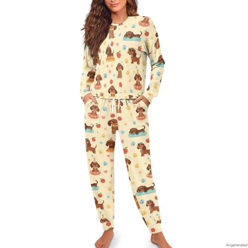 Image of Women's 2 Piece Printed Pajama Set Long Sleeve Sleepwear Set with Long Pants Casual Lounge Sets with Pocket