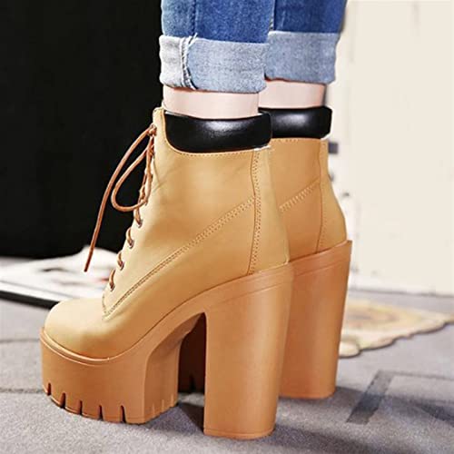 YDYCG Woman Fashion Shoes Autumn and Winter Lace Up Thick High Heel Ladies Platform Ankle Boots Women's Stage Sneakers (Color : Brown, Shoe Size : 5.5)4