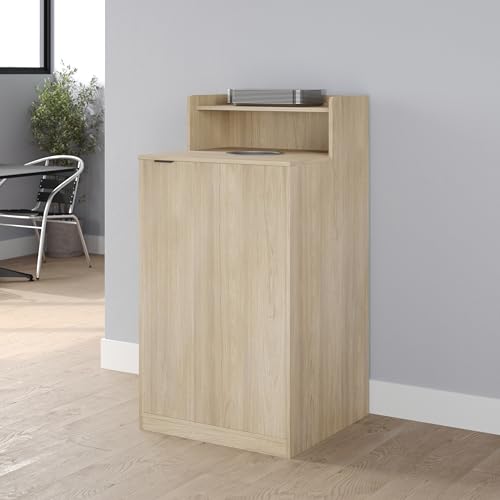 Image of Flash Furniture Dell Trash Can Enclosure with Tray Shelf and 8 inch Drop Hole, Commercial Grade Trash Receptacle for 32 Gallon Round Cans, Swing Door Access, Oak