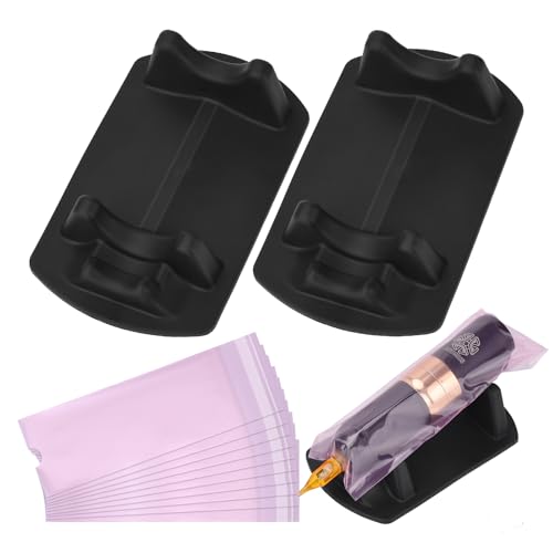 ATOMUS 2 pz de pluma de tatuaje negra con soporte de silicona y 10 piezas de 6.35 × 21.84 cm sellables, cubren bolsas, mangas para cartuchos, suministros y accesorios de máquina de tatuaje