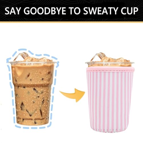Image of YR Reusable Neoprene Insulator Sleeve for Iced Coffee Cups, 3 Pack Coffee Coolies sleeves for Iced & Hot Drinks, Cold Beverage Cooler Compatible with Starbucks Coffee and More (Pink Stripes)
