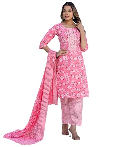 Image of SKYLEE Cotton Printed, Embroidery and Mirror Work A-Line Kurta Set with Dupatta