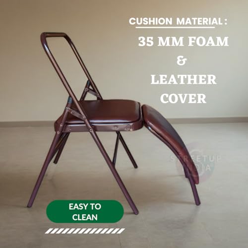 Image of Streetup India Iyengar Yoga Chair with Lumbar Back Support Backless /Meditation Chair for Yoga|Brown (Brown Leather Seat)