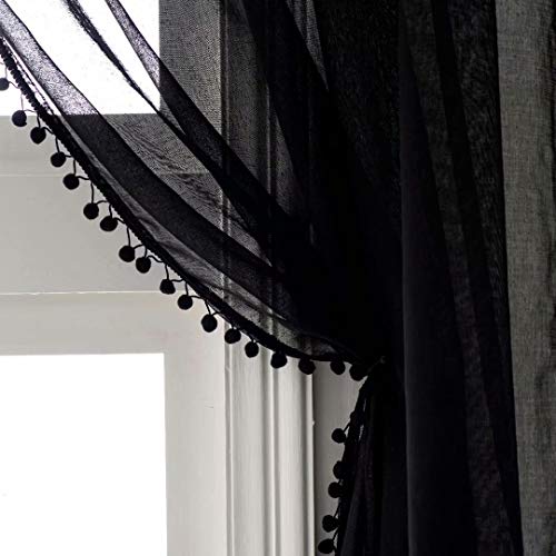 Selectex - Cortinas semitransparentes de gasa con pompones y borlas, con bolsillo para barra de cortina, para salón y dormitorio, juego de 2 paneles de cortina