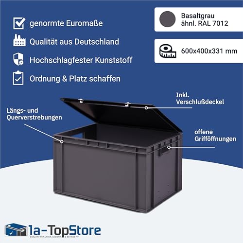 1a-TopStore Stabile Profi Aufbewahrungsbox Stapelbox Eurobox Stapelkiste mit Deckel, Kunststoffkiste lieferbar in 5 Farben und 21 Größen für Industrie, Gewerbe, Haushalt (grau, 60x40x33 cm)