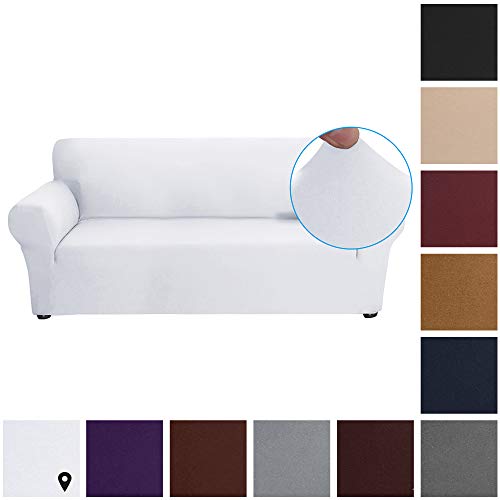 Fesjoy Funda de sofá,Sofá elástico Funda de Seda Leche Antideslizante Sofá Suave Funda de sofá 3 plazas Lavable para Sala de Estar Niños Mascotas （Blanco）