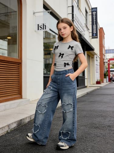 Image of Size 7-14 Years Girls 2 Piece Outfits Bow Short-Sleeved Top and Jeans Pants Clothing Set