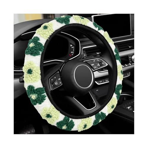 Sbulhia Plush Flowers Steering Wheel Cover 15 inch Anti-Slip Breathable Steering Wheel Protector Cute Floral Decor Elastic Soft Wheel Cover Universal Fit for Most Vehicles (Black Green)
