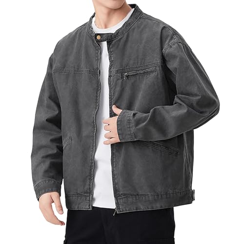 Eauptffy Chaqueta vaquera para hombre, vintage, vaquero, chaqueta de moto, chaqueta vaquera, chaqueta vaquera, chaqueta vaquera ligera, chaqueta de entretiempo, cuello alto, manga larga, chaqueta