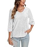 LADI TREND Womens Sparkly Sequin Tops V-Neck 3/4 Sleeve Fall Glitter Blouse Wear to Evening Party Club Cocktail *Silver,Size M*