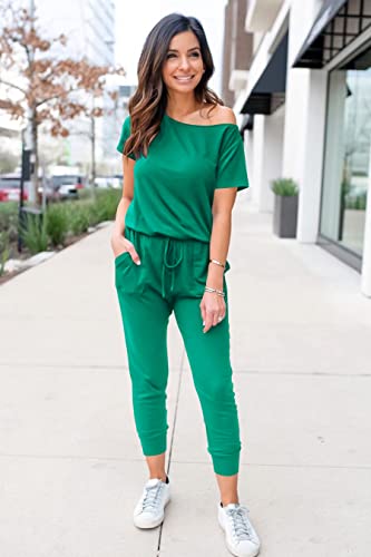 Image of PRETTYGARDEN Jumpsuits for Women Summer Off Shoulder Romper | Short Sleeve Drawstring Waist, Jogger Jumpers with Pockets, One Piece Spring Break Outfits, Vacation Travel Lounge Clothes