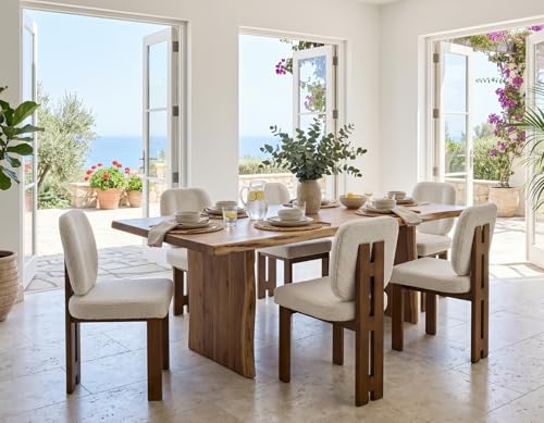 CIMOTA Modern Boucle Dining Chairs Set of 6, Upholstered Armless Side Chairs with Ergonomic Curved Back/Walnut Wood Legs, Mid-Century Accent Chairs for Kitchen or Dining Room, Beige