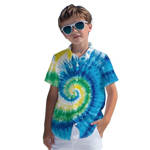 Image of Kids Tie-dye Hawaiian Shirt 80s Button Down Retro Short Sleeve Casual Beach Tropical Funny Party Outfits for Boys