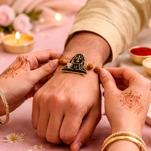 Image of JAIPUR ACE Shiv Rakhi for Brother with Rudraksha Beads | Premium Designer Raksha Bandhan Bracelet Rakhi | Mahadev Adiyogi Rakhi Thread for Men & Boys | Gold Finish (Adiyogi Rakhi)