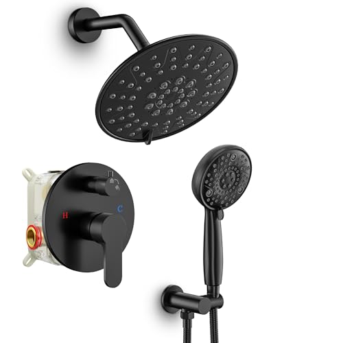 Image of SR SUN RISE Shower Faucet - 8 Inch Multifunctional High Pressure Shower Head System with Handheld Shower Head Fixtures - Valve Included - Matte Black