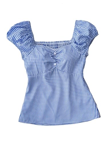 SOLY HUX Girl's Plaid Gingham Tops Sweetheart Neck Puff Sleeve Peplum Cute Summer Blouse